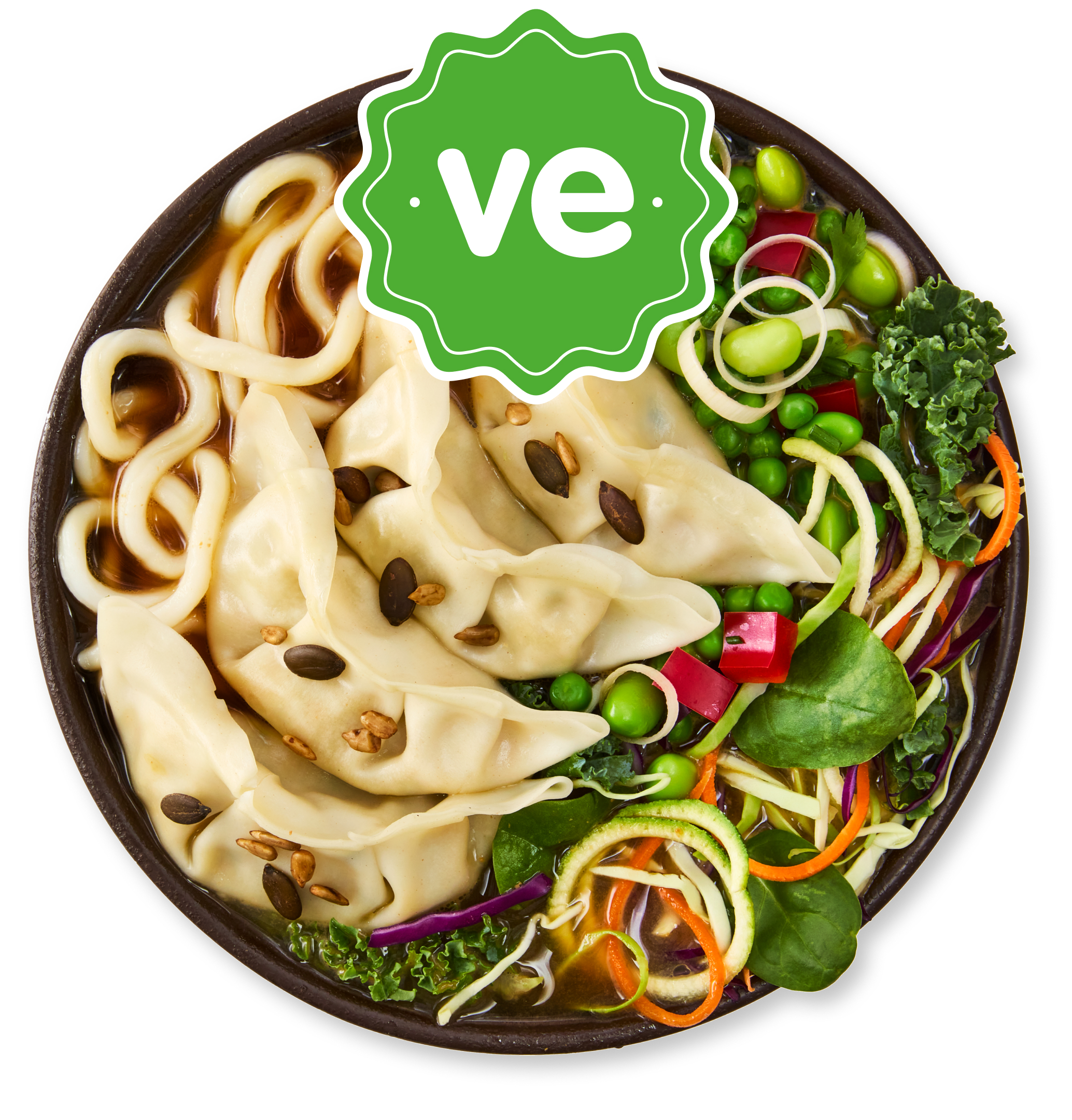 A bowl of vegan dumplings, noodles, and mixed vegetables with a green "ve" badge.