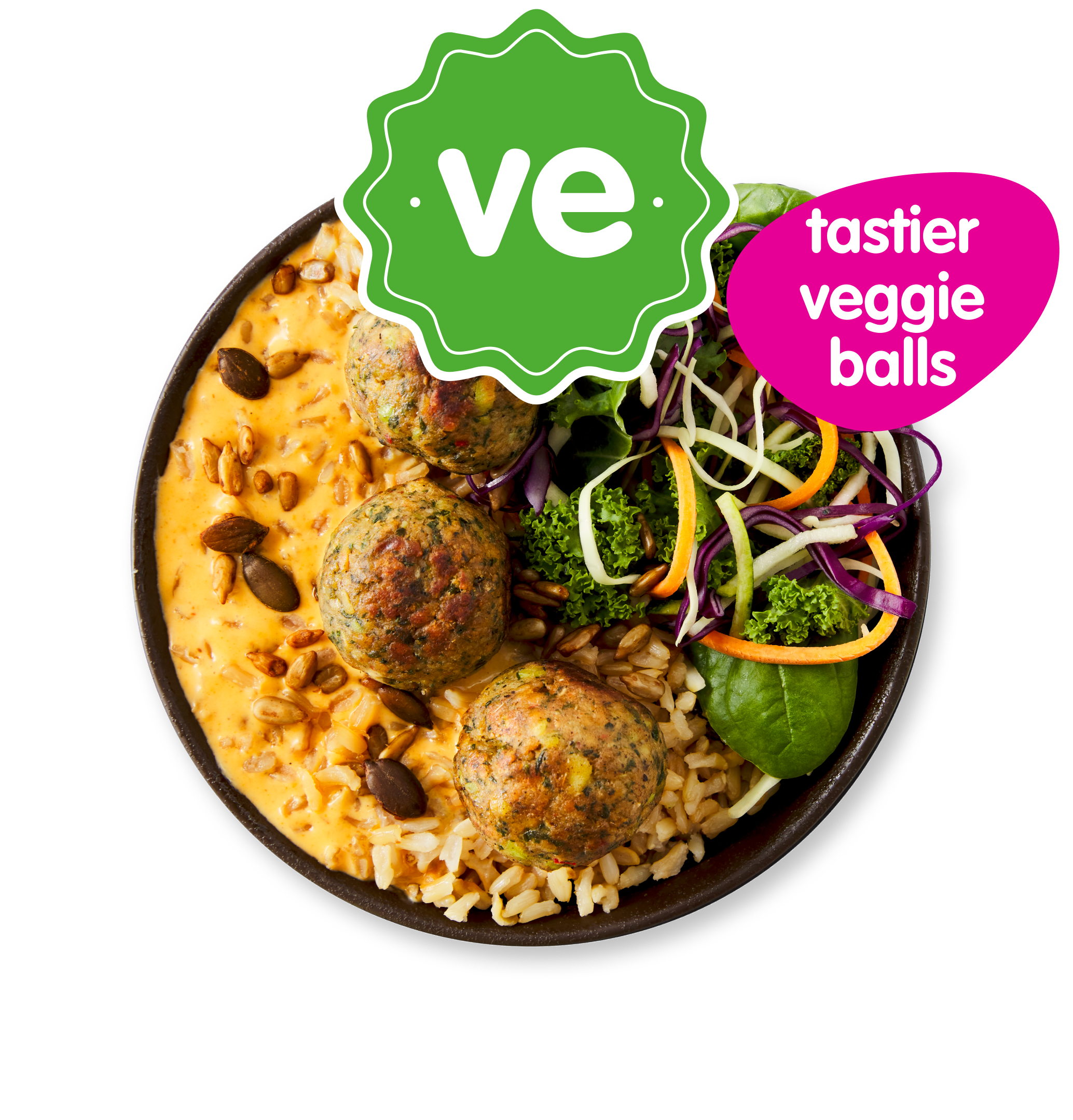 A vibrant bowl filled with veggie meatballs, brown rice, and a fresh mixed salad.