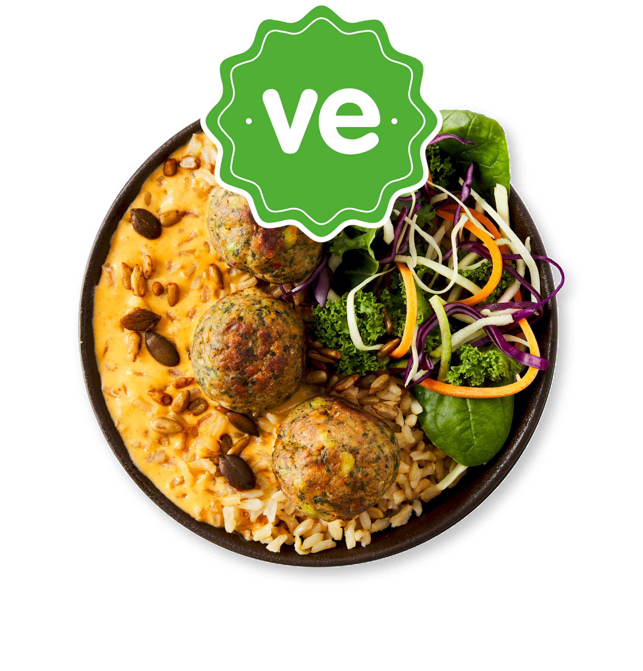 Bowl of plant-based meatballs with rice, broccoli, and salad, marked 've'.