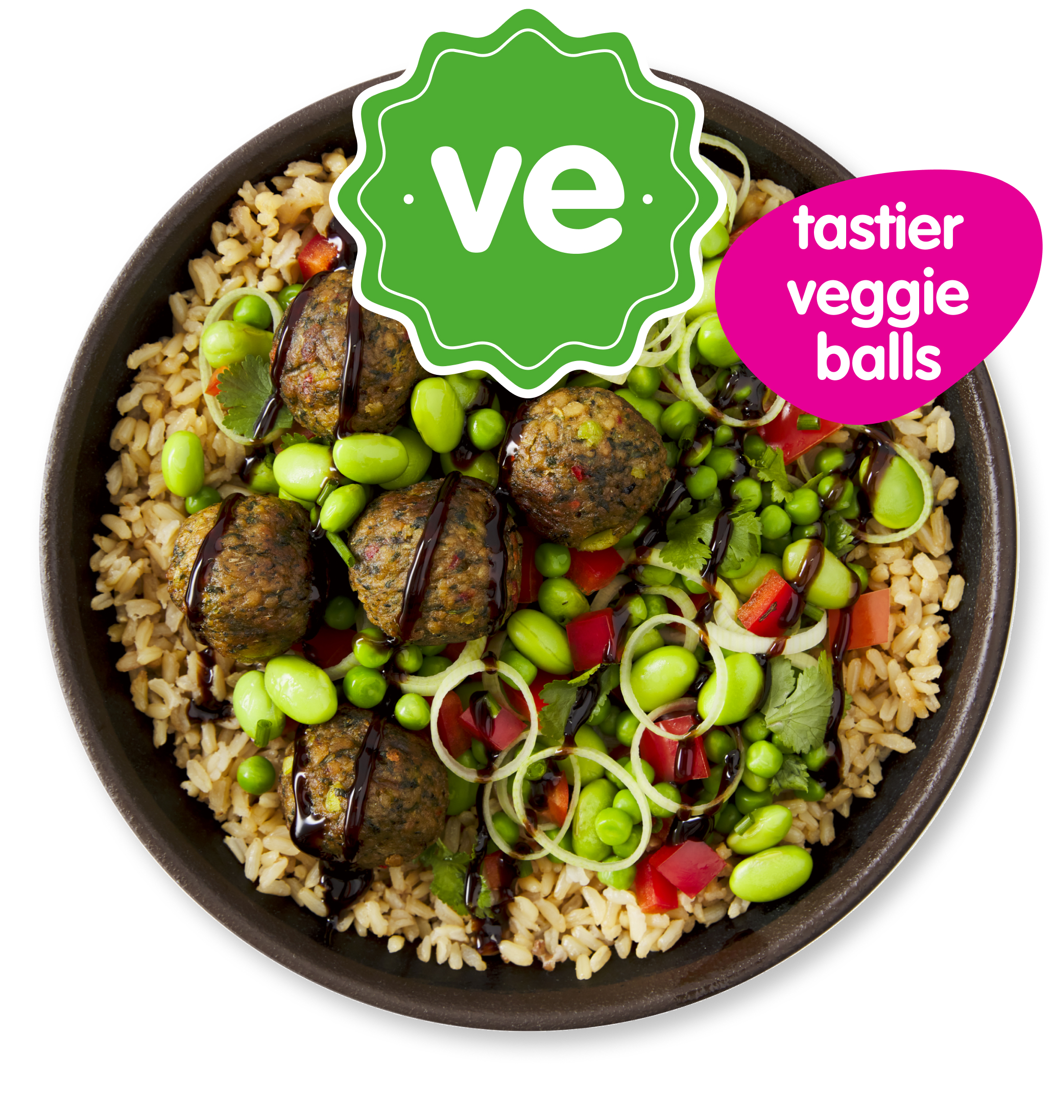 A bowl of vegan veggie balls, brown rice, edamame, and mixed vegetables with sauce.