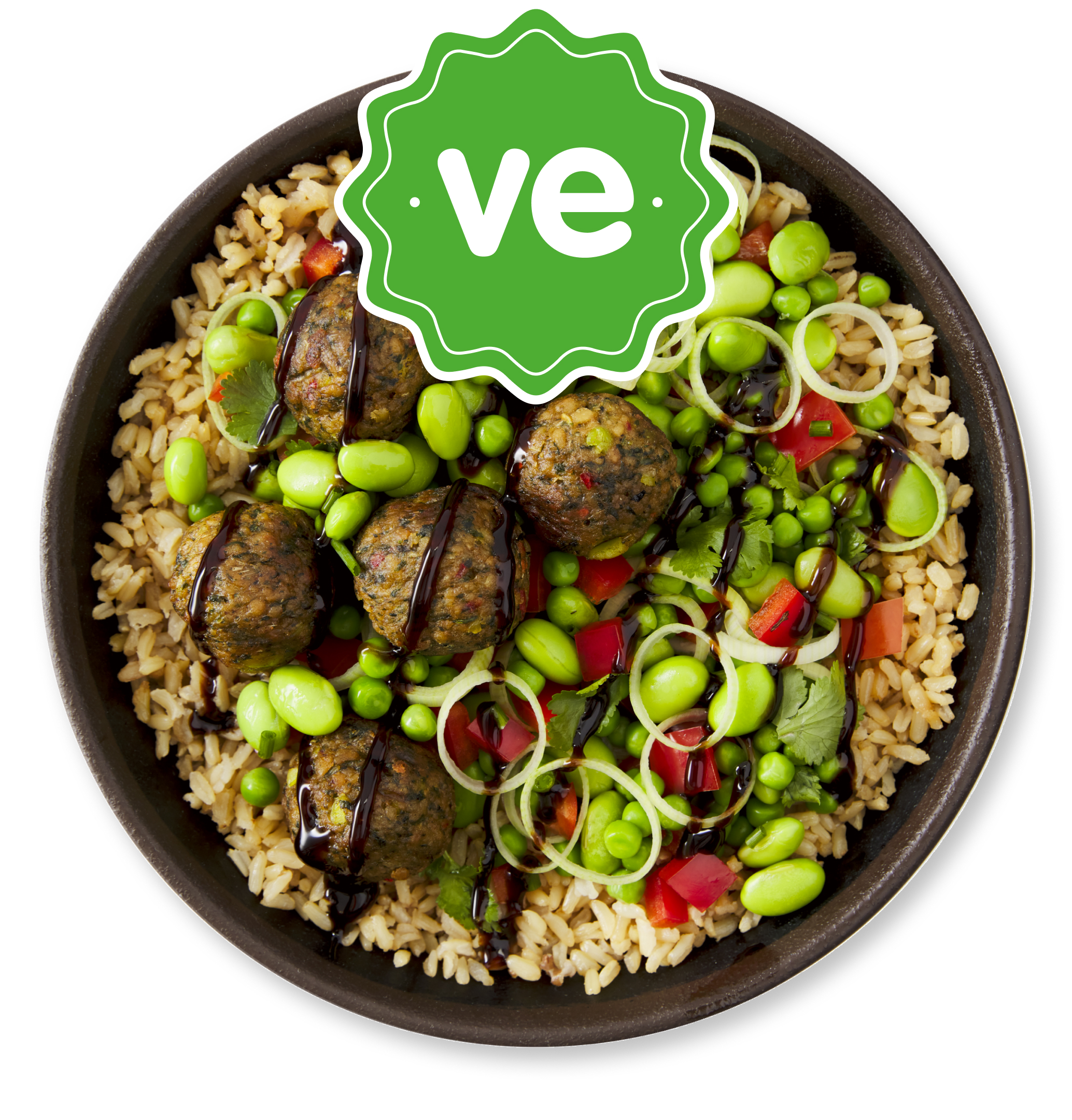 Bowl of brown rice with plant-based meatballs, edamame, and vegetables, marked 've'.