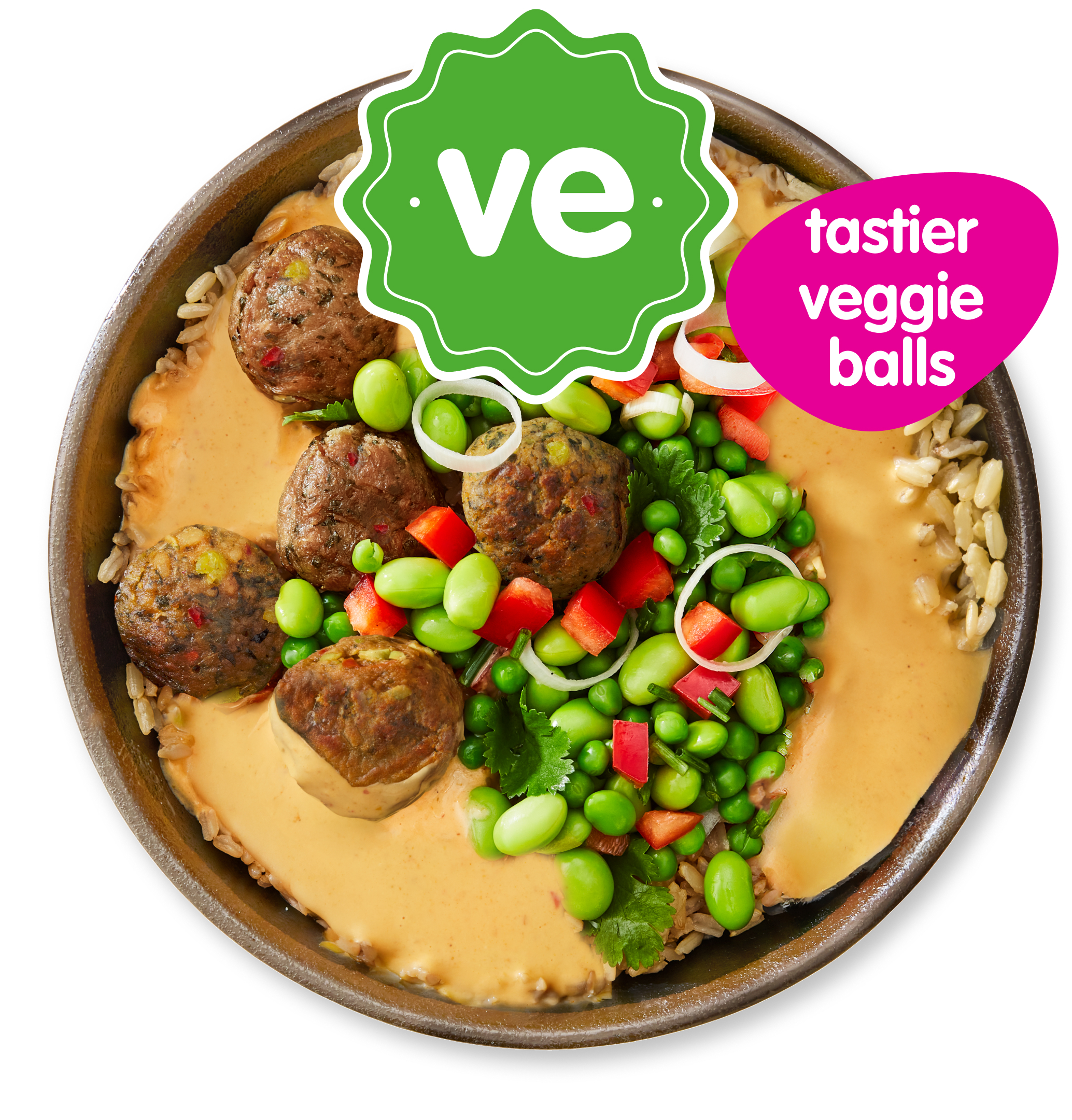 Bowl of veggie balls, hummus, edamame, and peas, marked "ve" and "tastier veggie balls".