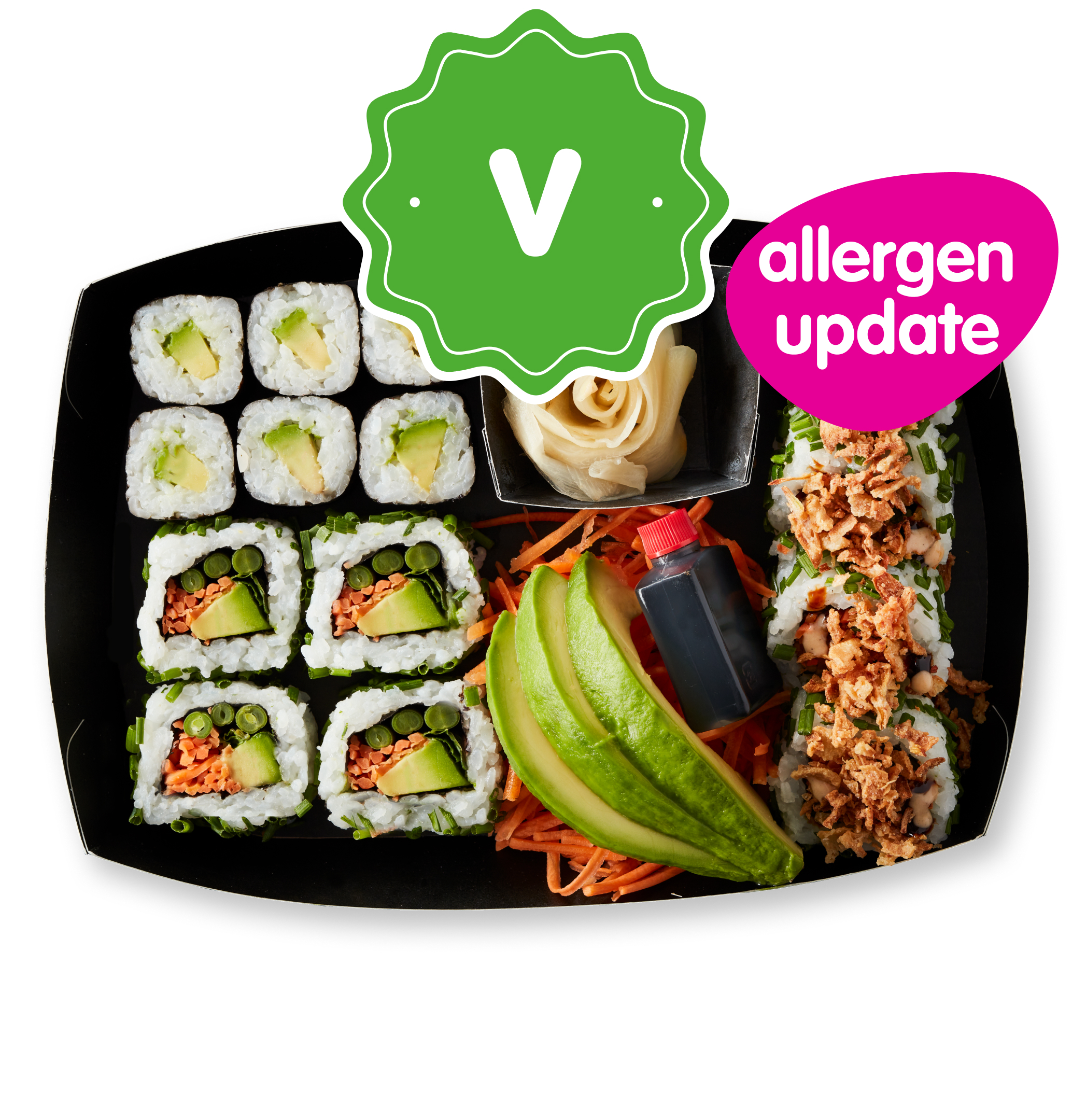Sushi platter with various rolls, avocado, and a green ‘V’ vegetarian label.