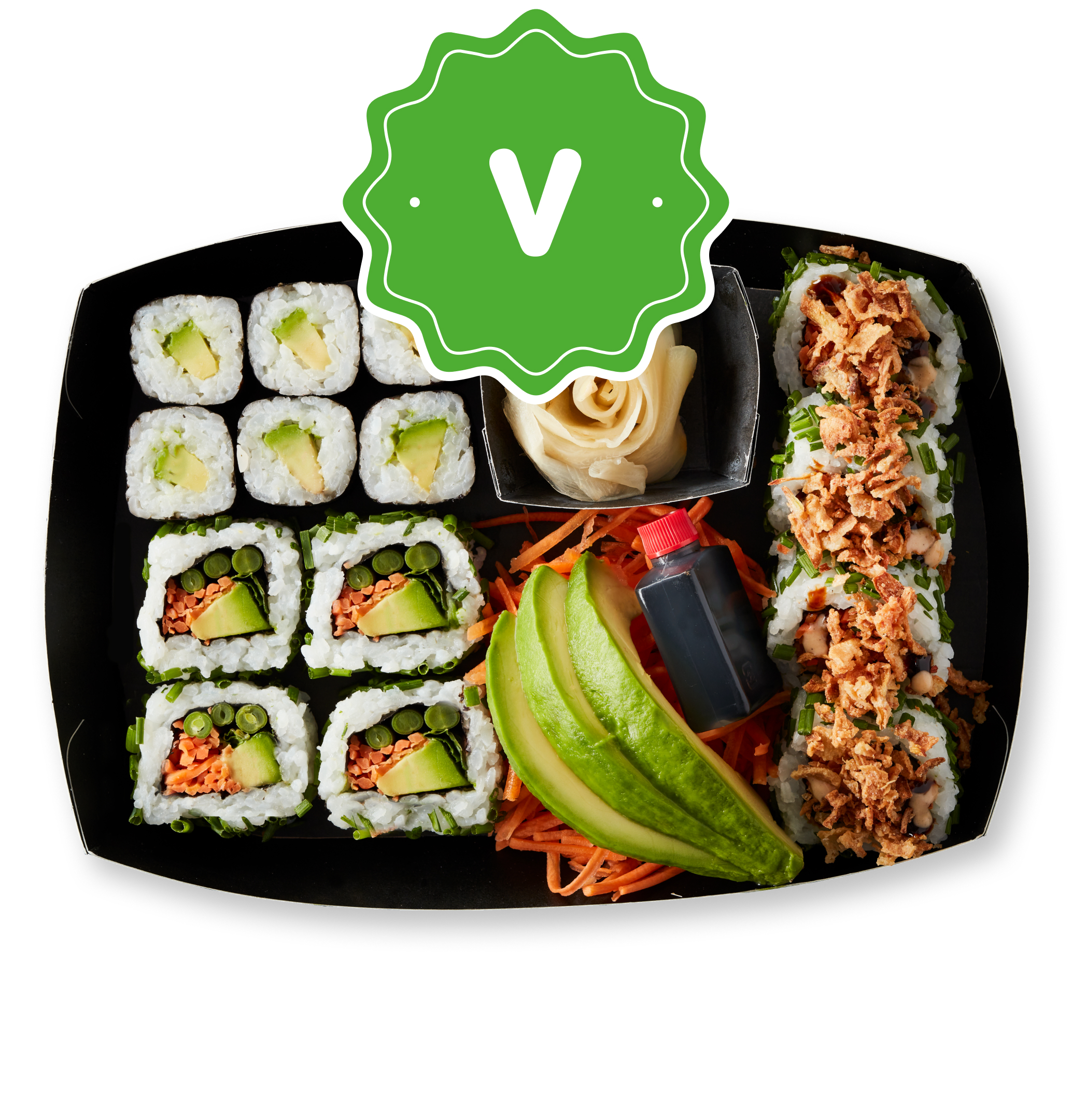 Vegetarian sushi platter with avocado rolls, vegetable rolls, and a green 'V' symbol.