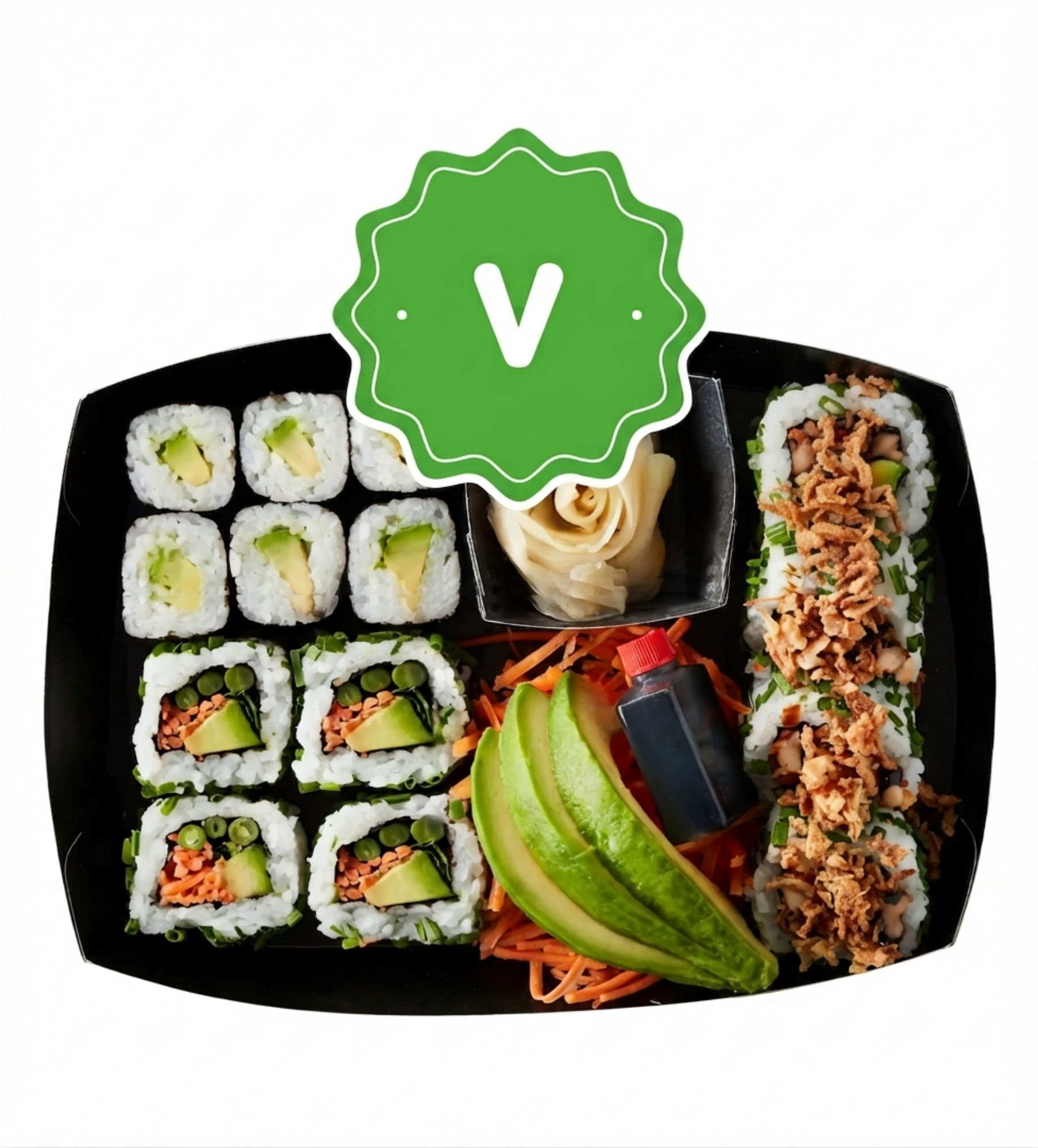 Vegan sushi platter with various rolls and a green V symbol.