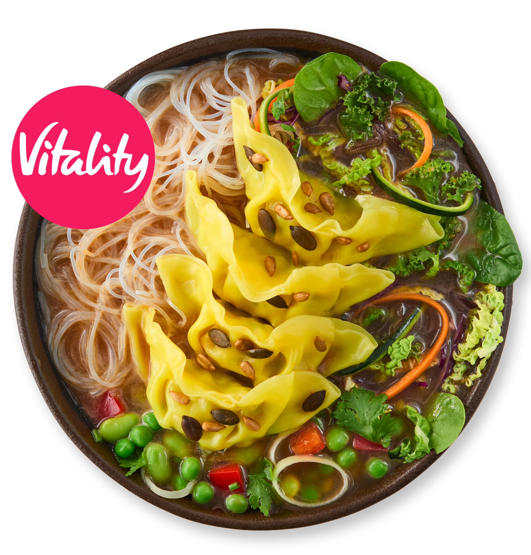 Vitality branded noodle soup with yellow dumplings, vermicelli, green peas, and fresh vegetables.