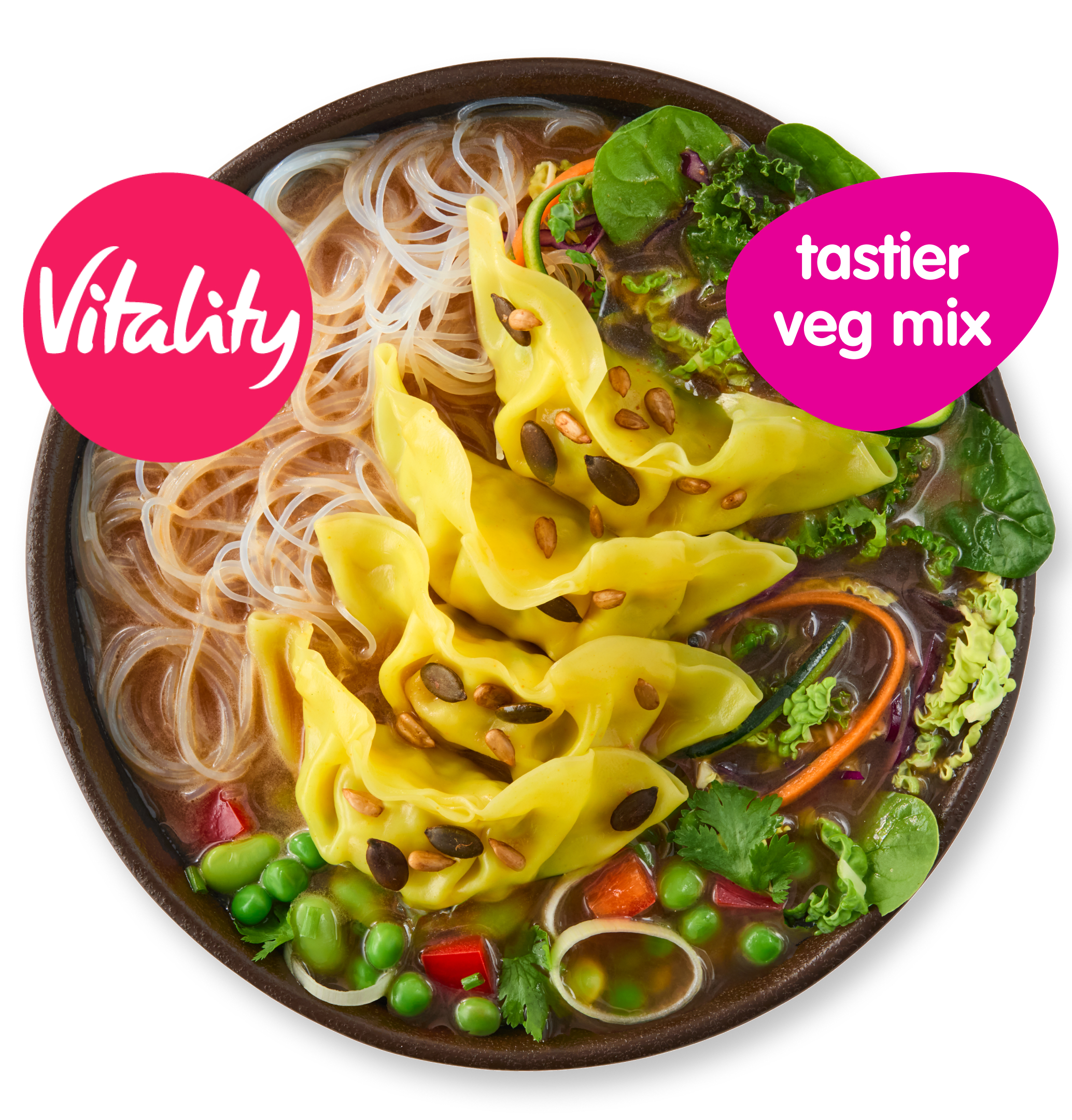 Bowl of noodles with yellow dumplings, green peas, and leafy greens. Vitality, tastier veg mix.