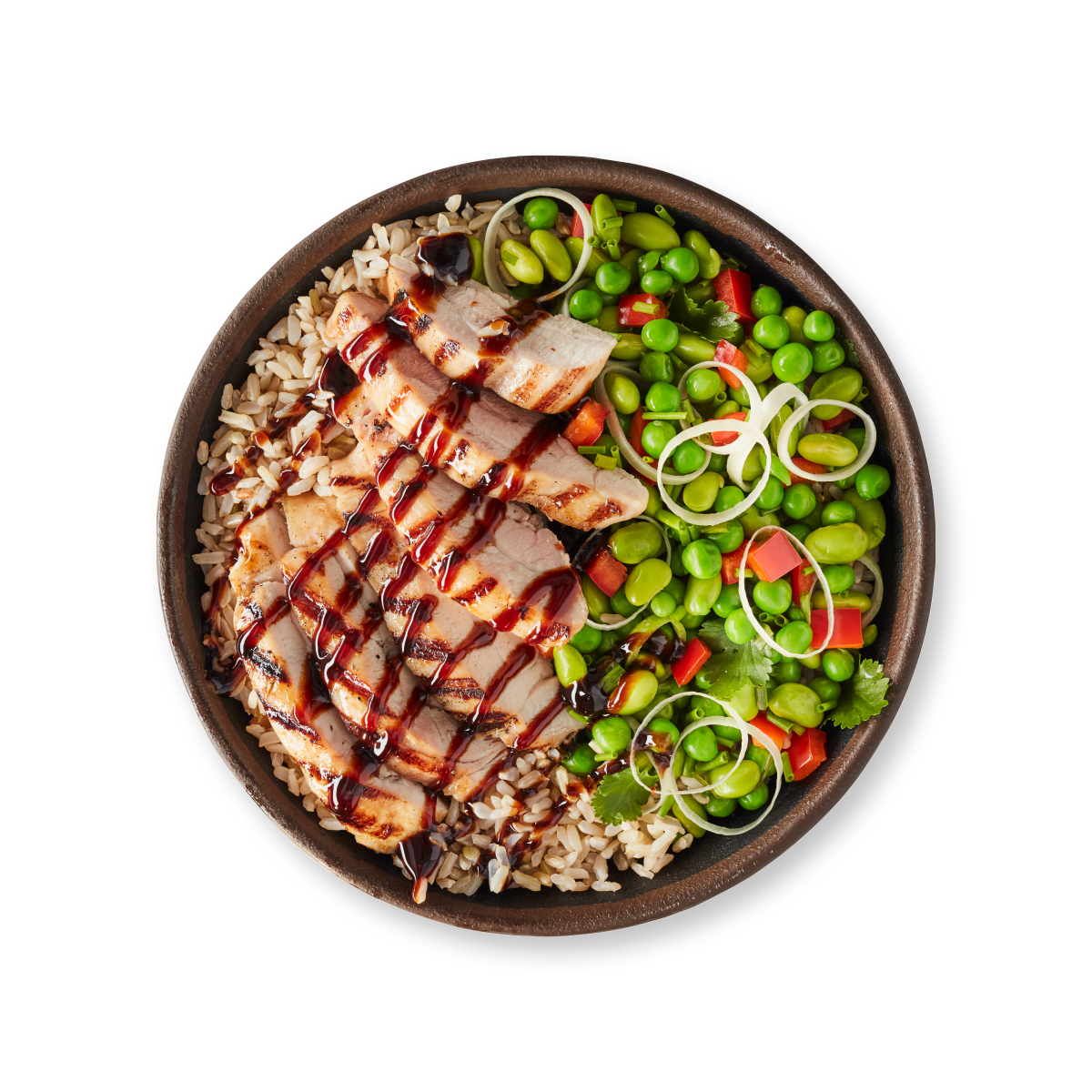 Grilled chicken teriyaki bowl with brown rice, edamame, and red bell peppers.