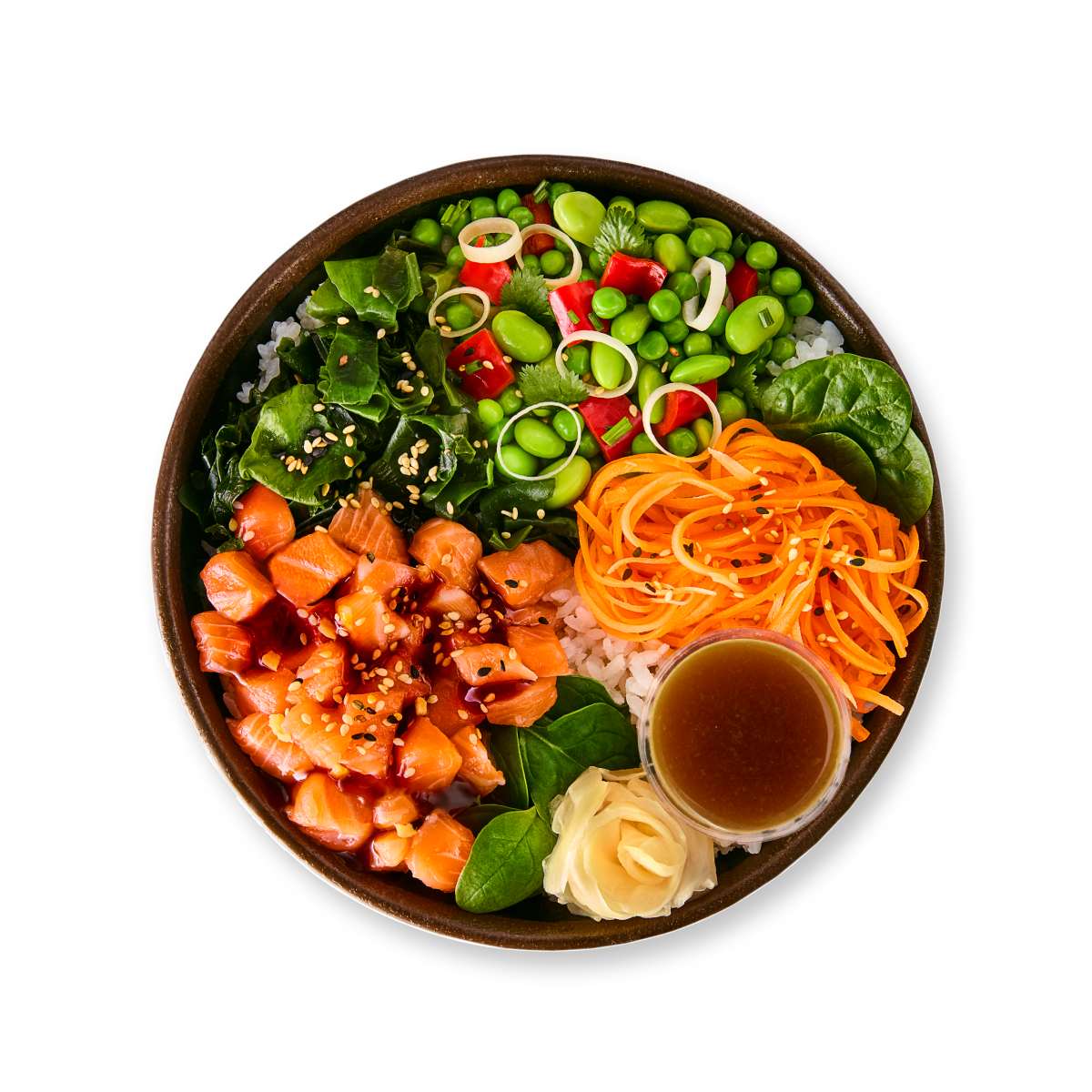 Colorful poke bowl with salmon, edamame, seaweed, carrots, and rice.