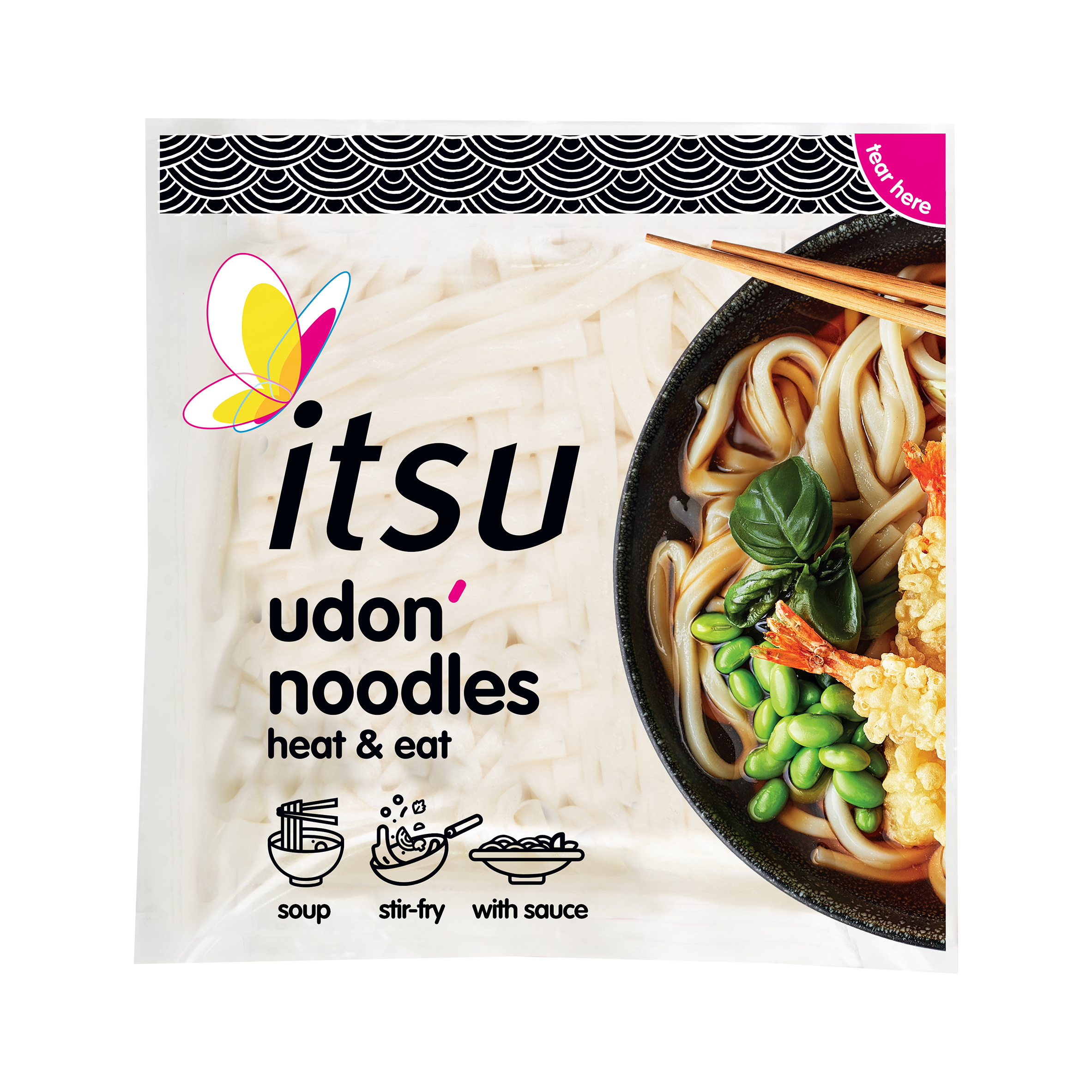 Itsu udon noodles heat & eat package featuring a bowl of noodles with chopsticks.