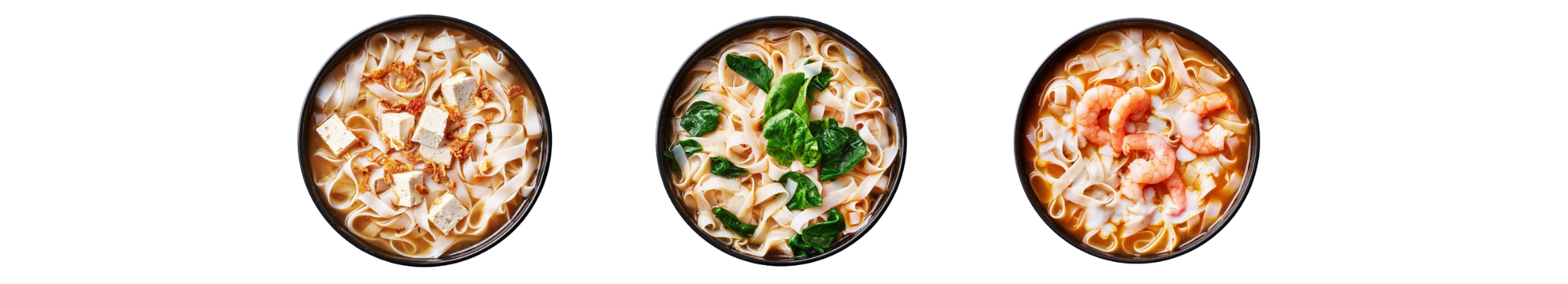 Overhead view of three bowls of noodle soup with distinct toppings, offering varied flavors.