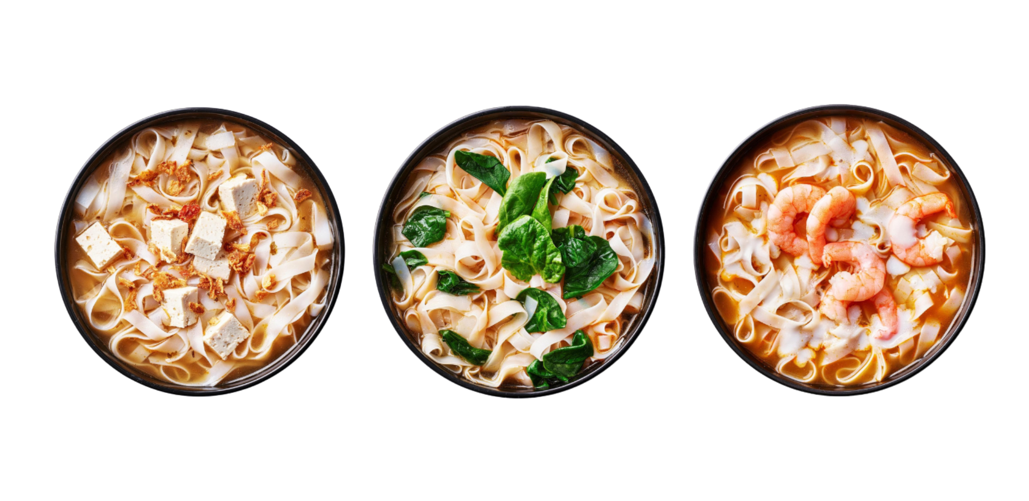 Three bowls of creamy noodle soup with tofu, spinach, and shrimp on a white background.
