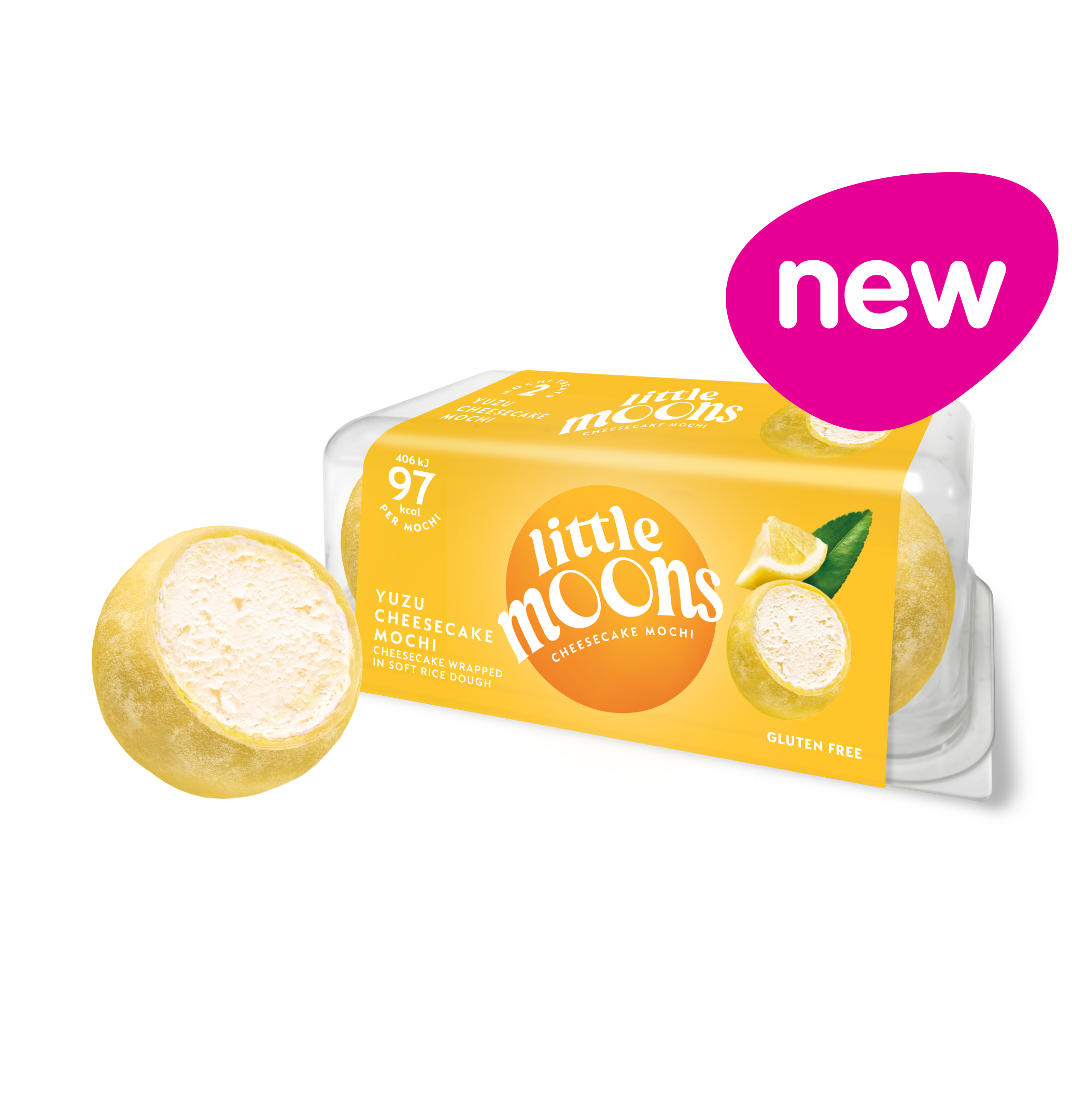 Little Moons banana flavored mochi ice cream package with one mochi ball cut open.
