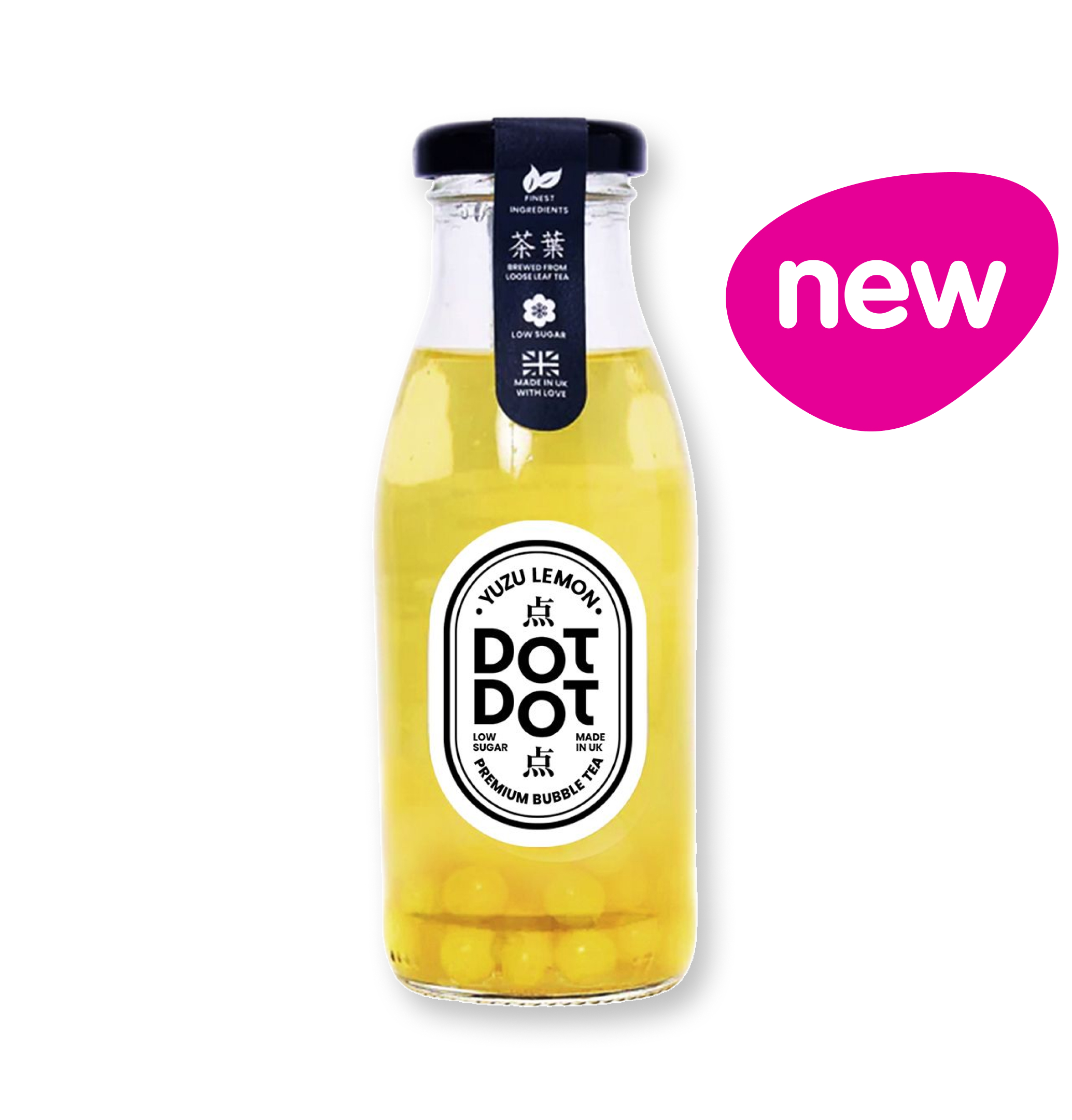 New Dot Dot Dot yellow fruit drink in a clear glass bottle with a black cap.